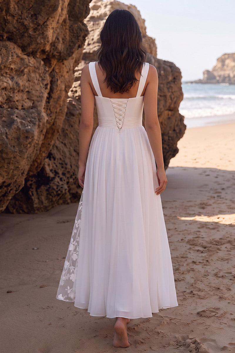 Laden Sie das Bild in den Galerie-Viewer, Weißes A-Line-Sweetheart-Chiffon-Midi-Hochzeitskleid mit Spitzenschlitz