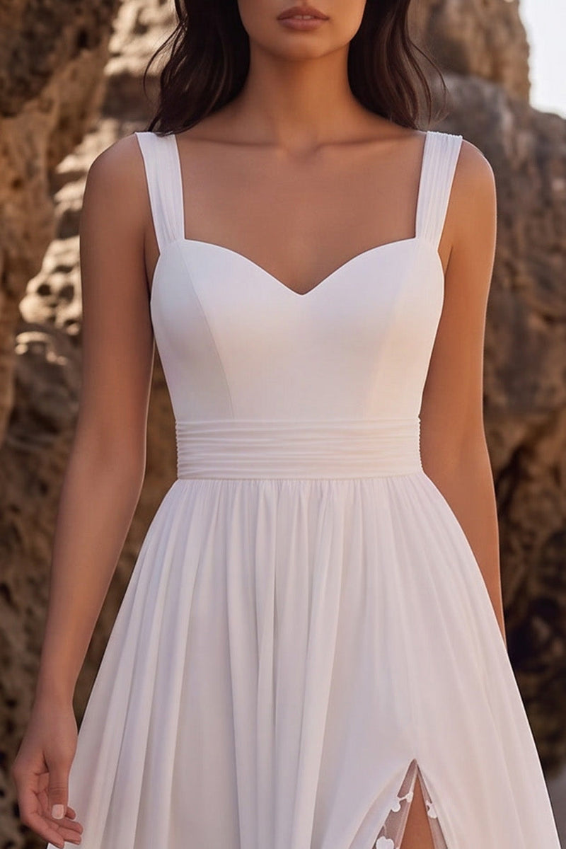 Laden Sie das Bild in den Galerie-Viewer, Weißes A-Line-Sweetheart-Chiffon-Midi-Hochzeitskleid mit Spitzenschlitz