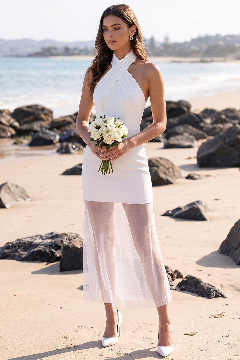 Laden Sie das Bild in den Galerie-Viewer, Weißes Halter-Tüll-Mini-Hochzeitskleid