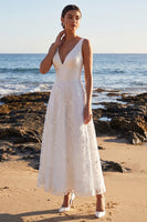 Laden Sie das Bild in den Galerie-Viewer, Weißes A-Linie V-Ausschnitt Satin-Spitzenapplikation Maxi-Hochzeitskleid