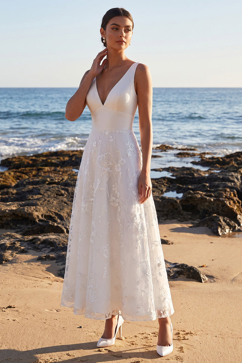 Laden Sie das Bild in den Galerie-Viewer, Weißes A-Linie V-Ausschnitt Satin-Spitzenapplikation Maxi-Hochzeitskleid