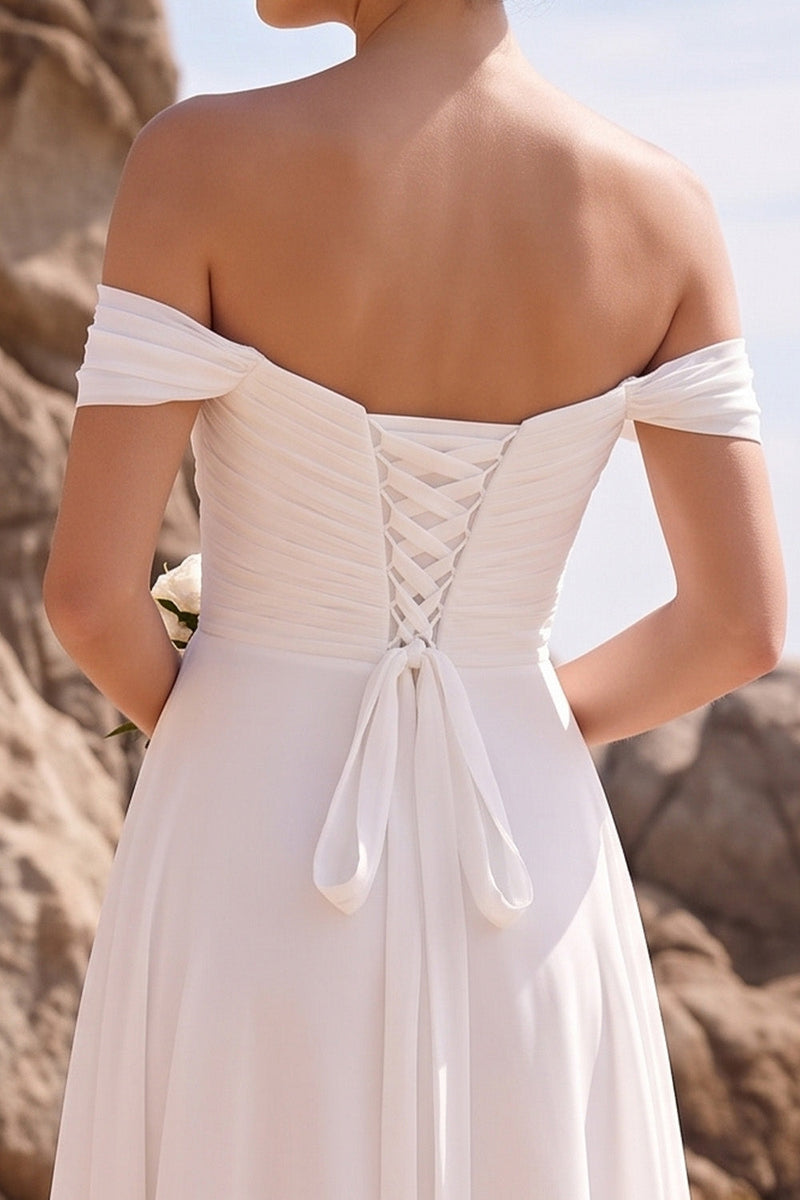 Laden Sie das Bild in den Galerie-Viewer, Weißes A-Linien-Off-shoulder gezocktes Chiffon-Midi-Hochzeitskleid