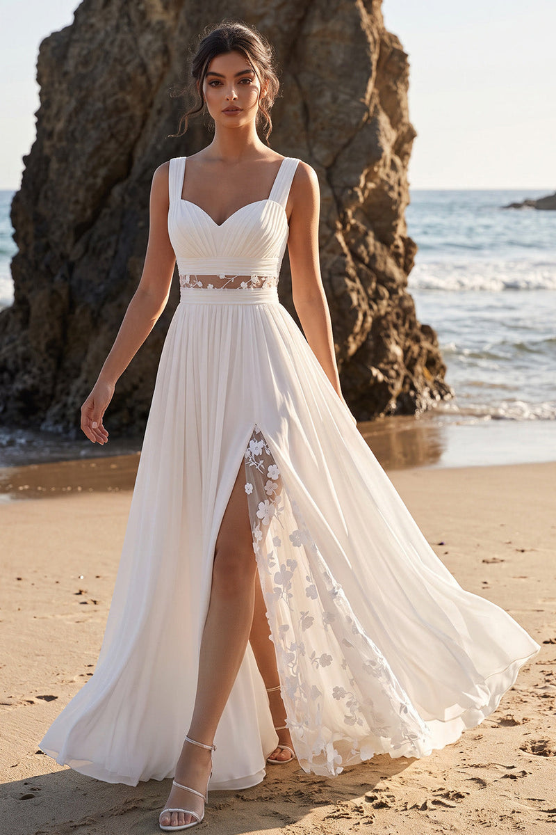 Laden Sie das Bild in den Galerie-Viewer, Weißes A-Linie-Spitzen-Chiffon-Maxi-Hochzeitskleid mit Applikationen