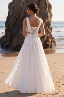 Laden Sie das Bild in den Galerie-Viewer, Weißes A-Linie-Spitzen-Chiffon-Maxi-Hochzeitskleid mit Applikationen