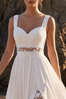 Laden Sie das Bild in den Galerie-Viewer, Weißes A-Linie-Spitzen-Chiffon-Maxi-Hochzeitskleid mit Applikationen