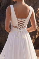 Laden Sie das Bild in den Galerie-Viewer, Weißes A-Linie-Spitzen-Chiffon-Maxi-Hochzeitskleid mit Applikationen