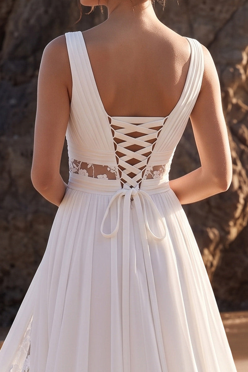 Laden Sie das Bild in den Galerie-Viewer, Weißes A-Linie-Spitzen-Chiffon-Maxi-Hochzeitskleid mit Applikationen