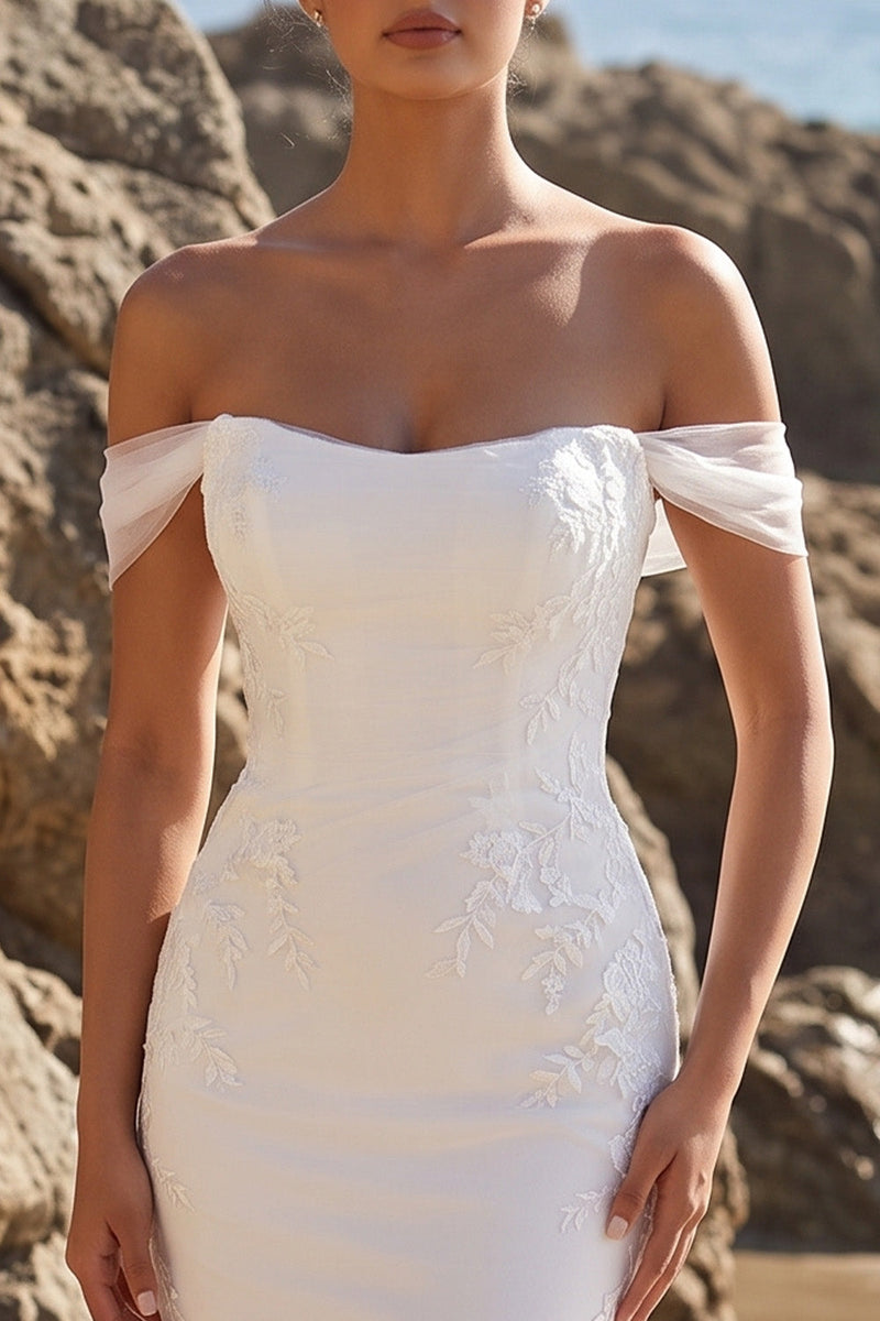 Laden Sie das Bild in den Galerie-Viewer, Weißes Meerjungfrauen-Off-shoulder-Applikiertes Tüll-Langzeitskleid
