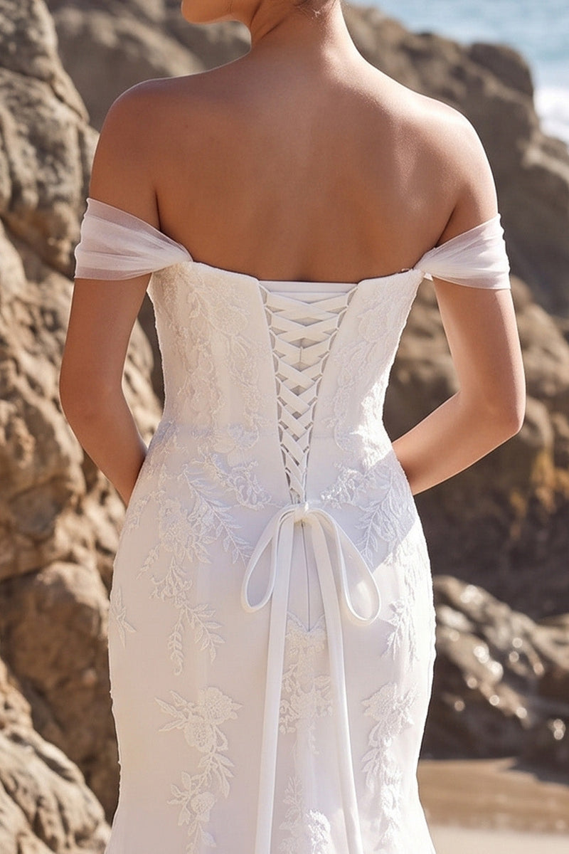 Laden Sie das Bild in den Galerie-Viewer, Weißes Meerjungfrauen-Off-shoulder-Applikiertes Tüll-Langzeitskleid