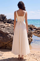 Laden Sie das Bild in den Galerie-Viewer, Weißes A-Line-Sweetheart Plissiertes Chiffon V-Ausschnitt Midi-Hochzeitskleid