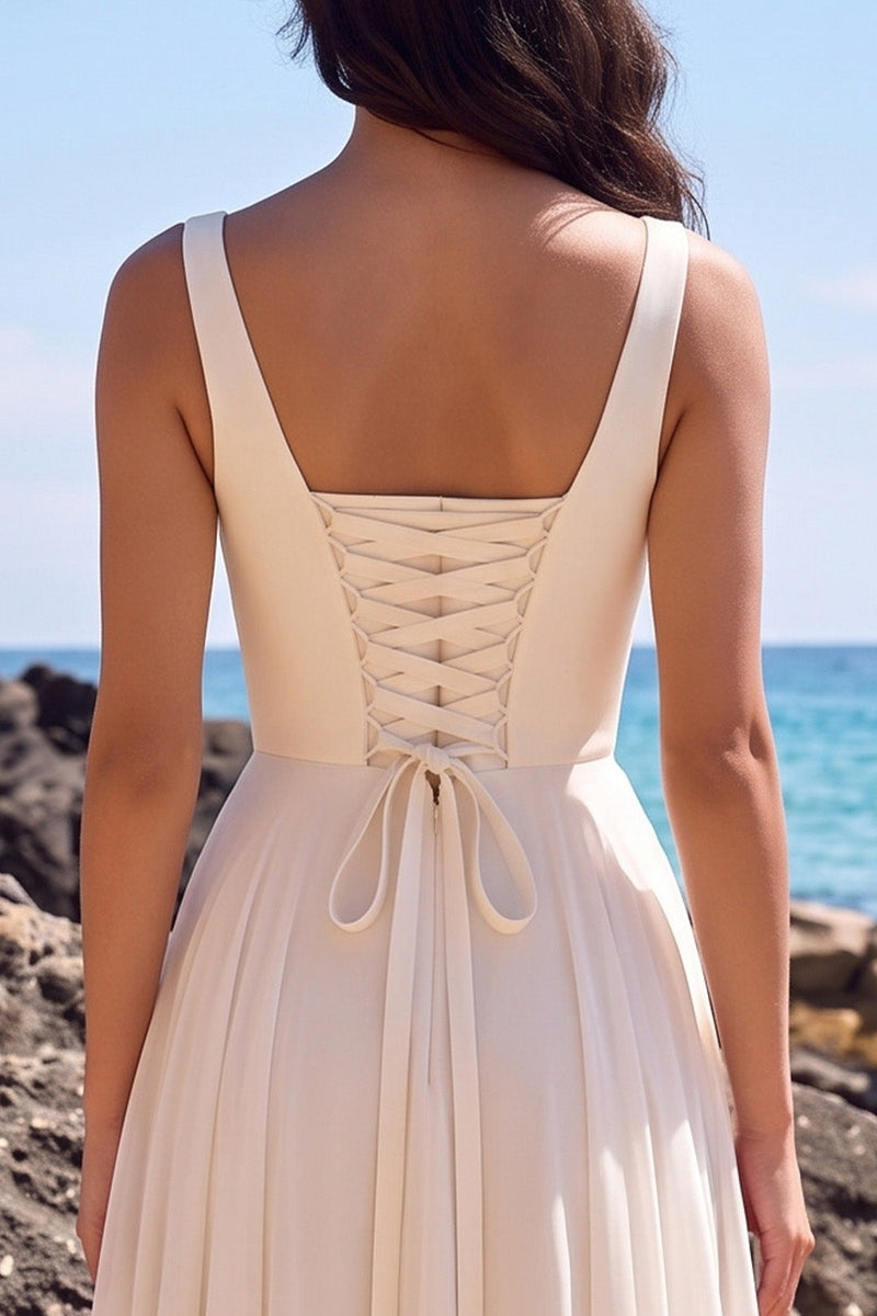 Laden Sie das Bild in den Galerie-Viewer, Weißes A-Line-Sweetheart Plissiertes Chiffon V-Ausschnitt Midi-Hochzeitskleid