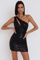 Laden Sie das Bild in den Galerie-Viewer, Schwarze Pailletten, ein Schulter Bodycon Kurzes Cocktailkleid mit Ausschnitt