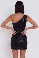 Laden Sie das Bild in den Galerie-Viewer, Schwarze Pailletten, ein Schulter Bodycon Kurzes Cocktailkleid mit Ausschnitt