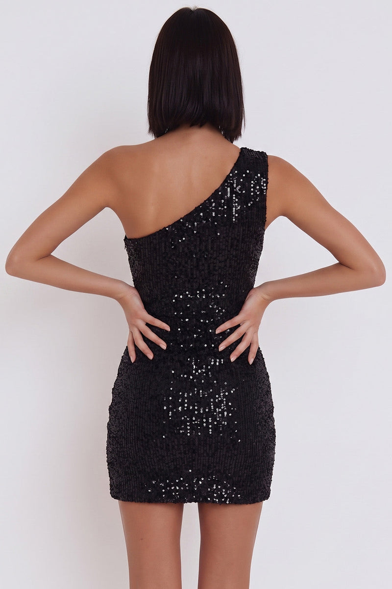 Laden Sie das Bild in den Galerie-Viewer, Schwarze Pailletten, ein Schulter Bodycon Kurzes Cocktailkleid mit Ausschnitt