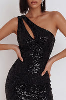 Laden Sie das Bild in den Galerie-Viewer, Schwarze Pailletten, ein Schulter Bodycon Kurzes Cocktailkleid mit Ausschnitt