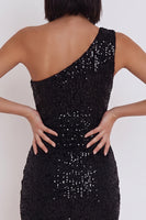 Laden Sie das Bild in den Galerie-Viewer, Schwarze Pailletten, ein Schulter Bodycon Kurzes Cocktailkleid mit Ausschnitt