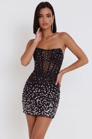 Laden Sie das Bild in den Galerie-Viewer, Schwarzes Korsett-Bodycon trägerloses kurzes Cocktailkleid mit Strassstein