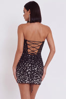 Laden Sie das Bild in den Galerie-Viewer, Schwarzes Korsett-Bodycon trägerloses kurzes Cocktailkleid mit Strassstein