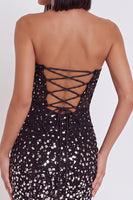 Laden Sie das Bild in den Galerie-Viewer, Schwarzes Korsett-Bodycon trägerloses kurzes Cocktailkleid mit Strassstein