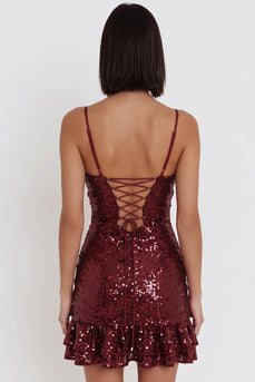 Burgunderrotes Pailletten Bodycon Spaghettiträger Kurzes Cocktailkleid mit Rüschen