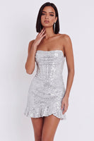 Laden Sie das Bild in den Galerie-Viewer, Silbernes Korsett, trägerloses Bodycon, kurzes Cocktailkleid mit Rüschen