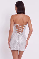 Laden Sie das Bild in den Galerie-Viewer, Silbernes Korsett, trägerloses Bodycon, kurzes Cocktailkleid mit Rüschen