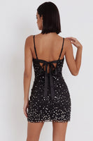 Laden Sie das Bild in den Galerie-Viewer, Schwarzes Bodycon Spaghetti-Träger glitzerndes Schleifen-Kurzcocktailkleid mit Streißstein