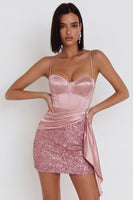 Laden Sie das Bild in den Galerie-Viewer, Rosa Korsett Bodycon Spaghettiträger Kurzes Cocktailkleid mit Pailletten