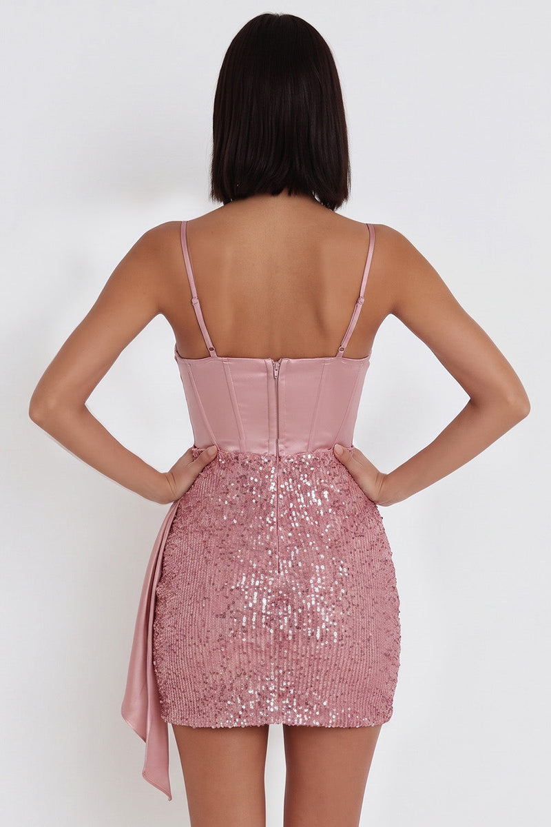 Laden Sie das Bild in den Galerie-Viewer, Rosa Korsett Bodycon Spaghettiträger Kurzes Cocktailkleid mit Pailletten