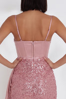 Laden Sie das Bild in den Galerie-Viewer, Rosa Korsett Bodycon Spaghettiträger Kurzes Cocktailkleid mit Pailletten