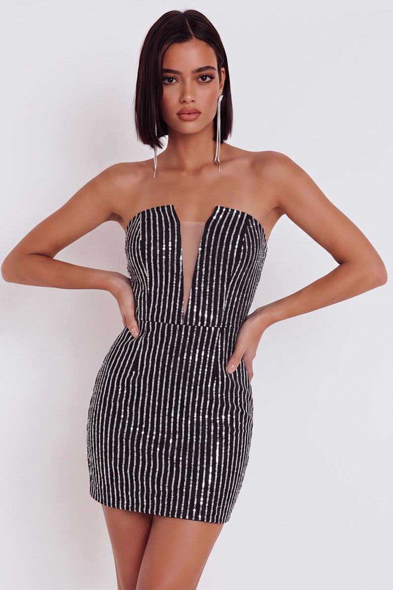 Laden Sie das Bild in den Galerie-Viewer, Schwarzes Bodycon, trägerlose Pailletten, Tüll-Kurzcocktailkleid