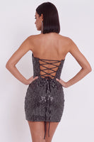 Laden Sie das Bild in den Galerie-Viewer, Schwarzes Bodycon, trägerlose Pailletten, Tüll-Kurzcocktailkleid