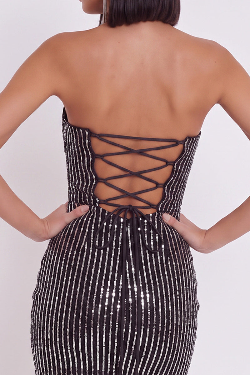 Laden Sie das Bild in den Galerie-Viewer, Schwarzes Bodycon, trägerlose Pailletten, Tüll-Kurzcocktailkleid