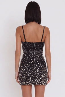 Schwarzes Bodycon Spaghetti-Träger mit ausgeschnittenem Kurzes Cocktailkleid mit Strass