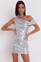 Laden Sie das Bild in den Galerie-Viewer, Glitzerndes silbernes Pailletten-Bodycon asymmetrisches einschulteriges kurzes Cocktailkleid