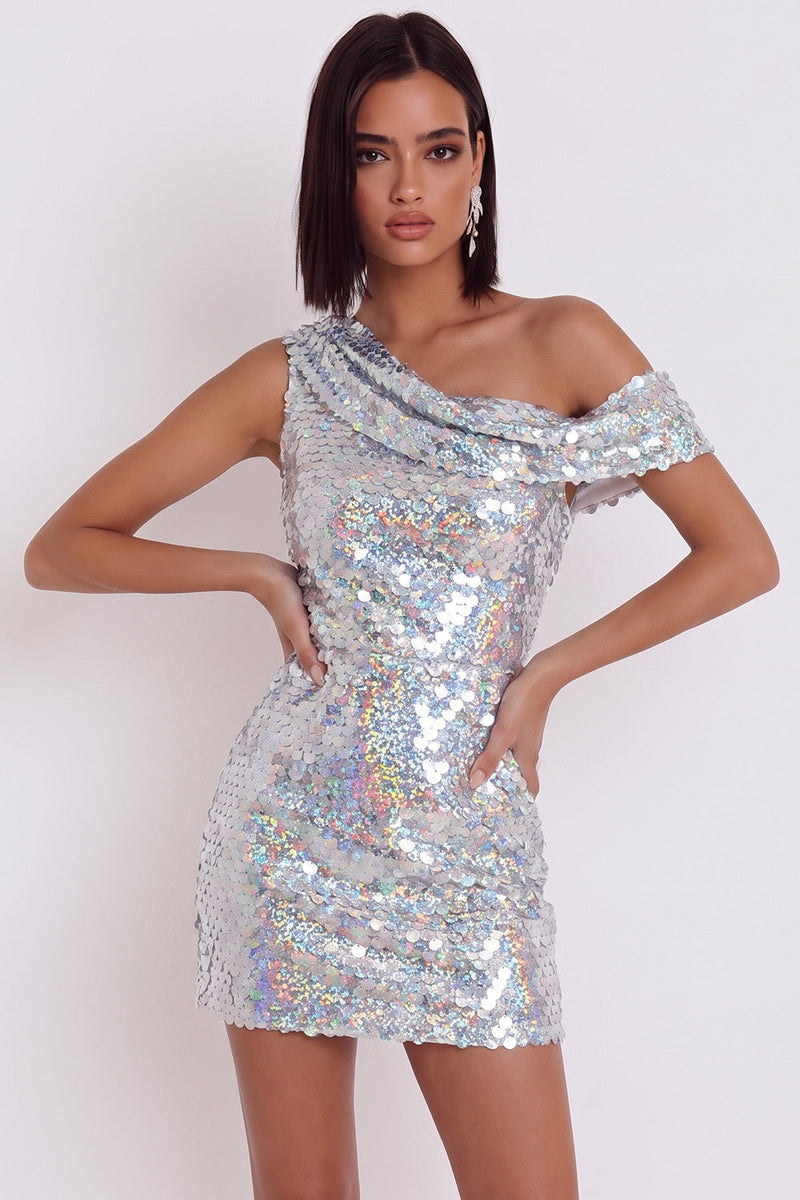 Laden Sie das Bild in den Galerie-Viewer, Glitzerndes silbernes Pailletten-Bodycon asymmetrisches einschulteriges kurzes Cocktailkleid