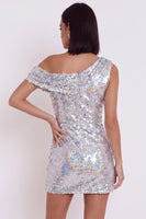 Laden Sie das Bild in den Galerie-Viewer, Glitzerndes silbernes Pailletten-Bodycon asymmetrisches einschulteriges kurzes Cocktailkleid
