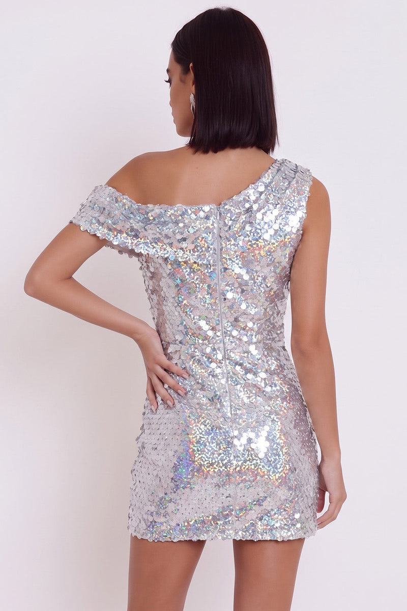 Laden Sie das Bild in den Galerie-Viewer, Glitzerndes silbernes Pailletten-Bodycon asymmetrisches einschulteriges kurzes Cocktailkleid
