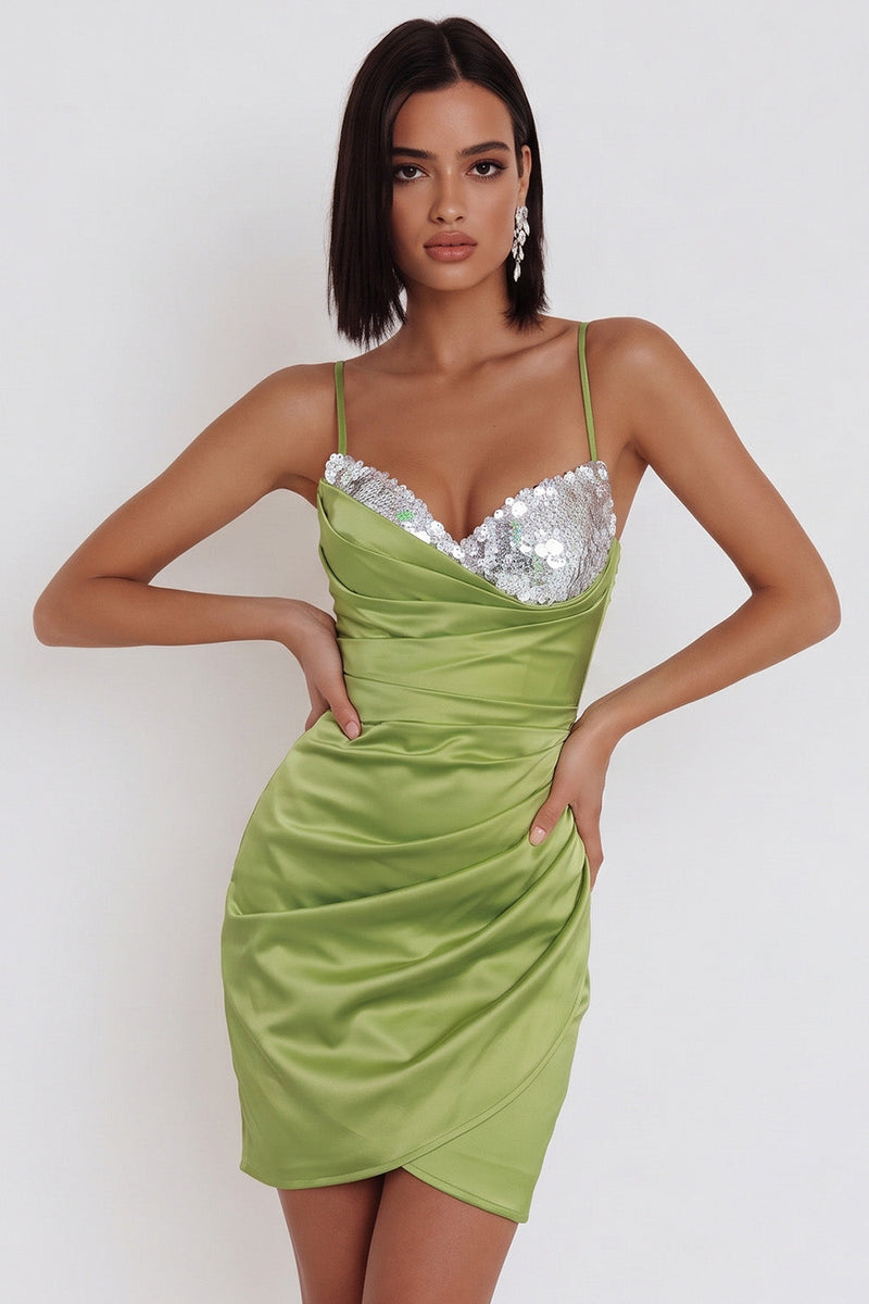 Laden Sie das Bild in den Galerie-Viewer, Dusty Sage Bodycon Trägerloses, gerafftes kurzes Cocktailkleid mit Pailletten