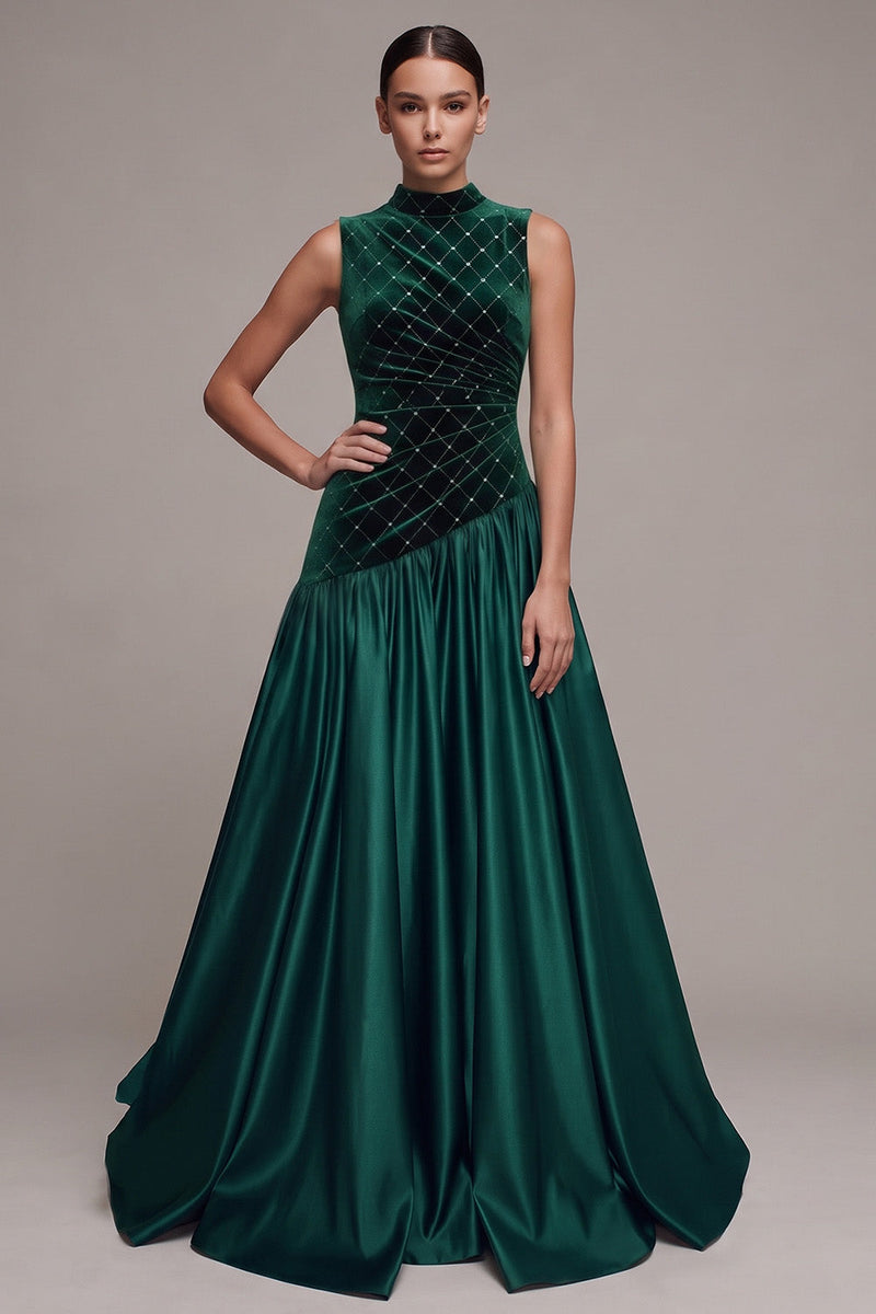 Laden Sie das Bild in den Galerie-Viewer, Dunkelgrünes A-Linie Satin Langem Samtkleid mit hohem Ausschnitt