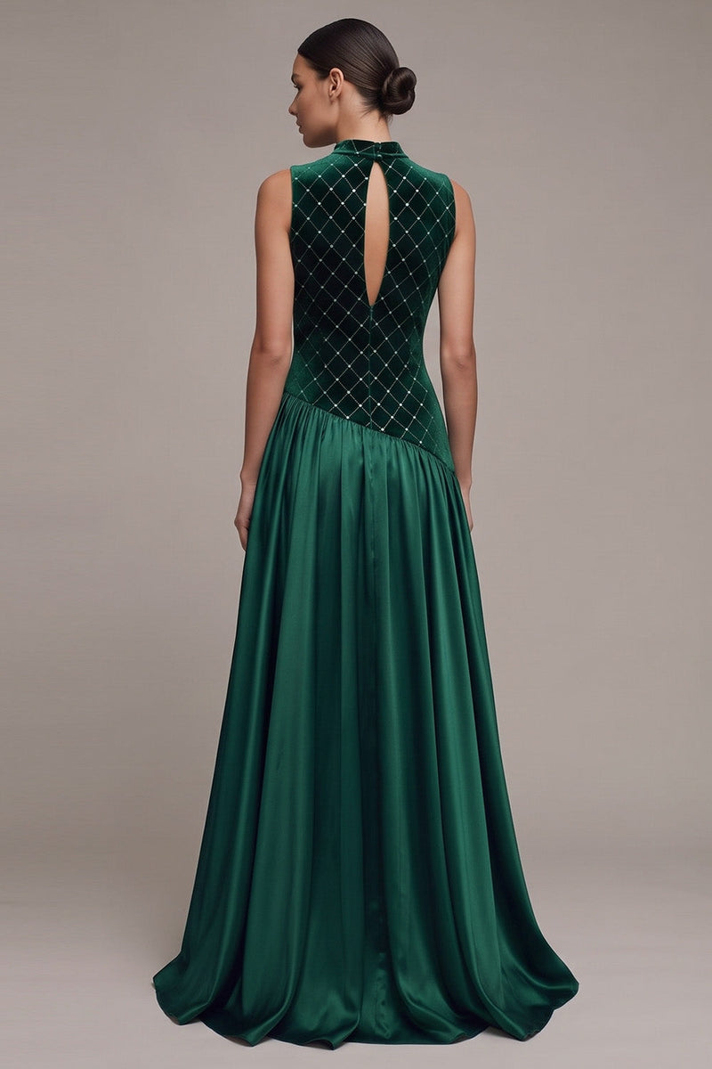 Laden Sie das Bild in den Galerie-Viewer, Dunkelgrünes A-Linie Satin Langem Samtkleid mit hohem Ausschnitt