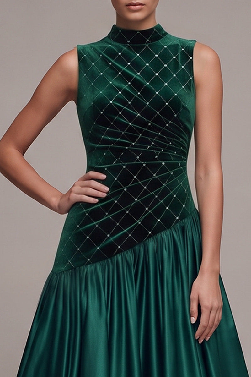 Laden Sie das Bild in den Galerie-Viewer, Dunkelgrünes A-Linie Satin Langem Samtkleid mit hohem Ausschnitt