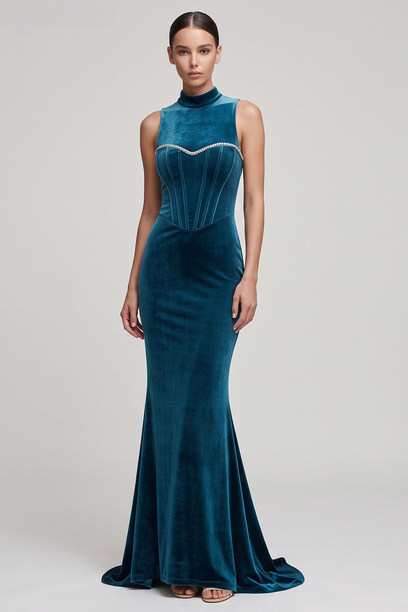 Laden Sie das Bild in den Galerie-Viewer, Pfauenblaues Korsett Meerjungfrauen Langes Samtkleid mit hohem Ausschnitt und Strass