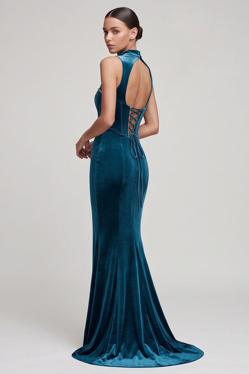 Laden Sie das Bild in den Galerie-Viewer, Pfauenblaues Korsett Meerjungfrauen Langes Samtkleid mit hohem Ausschnitt und Strass