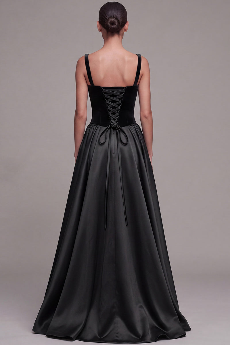 Laden Sie das Bild in den Galerie-Viewer, Pflaumenfarbenes A-Linie Quadrathals Satin Dicke Träger Maxi Samtkleid
