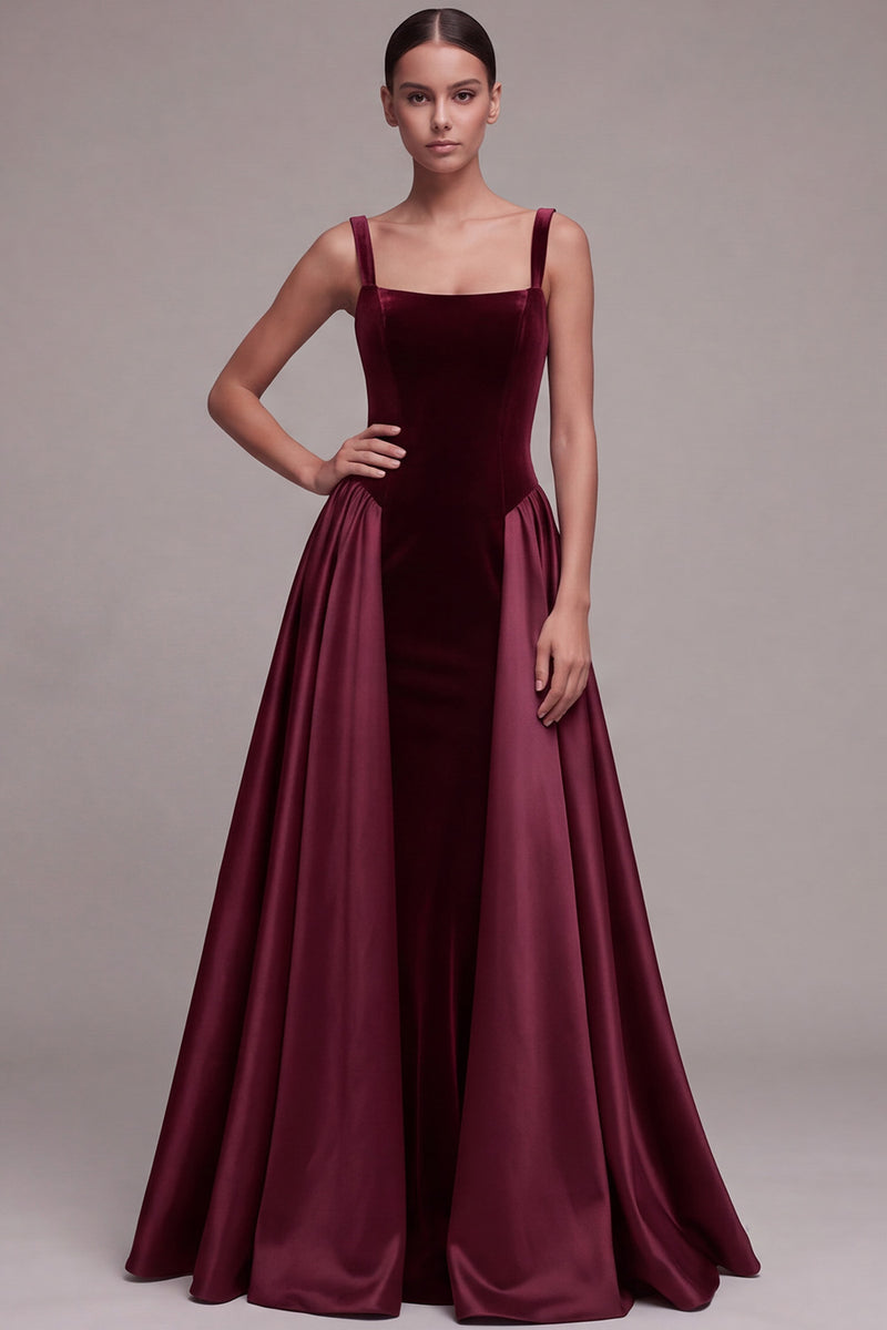 Laden Sie das Bild in den Galerie-Viewer, Pflaumenfarbenes A-Linie Quadrathals Satin Dicke Träger Maxi Samtkleid