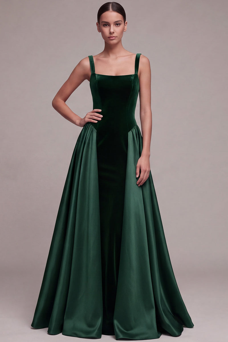 Laden Sie das Bild in den Galerie-Viewer, Pflaumenfarbenes A-Linie Quadrathals Satin Dicke Träger Maxi Samtkleid