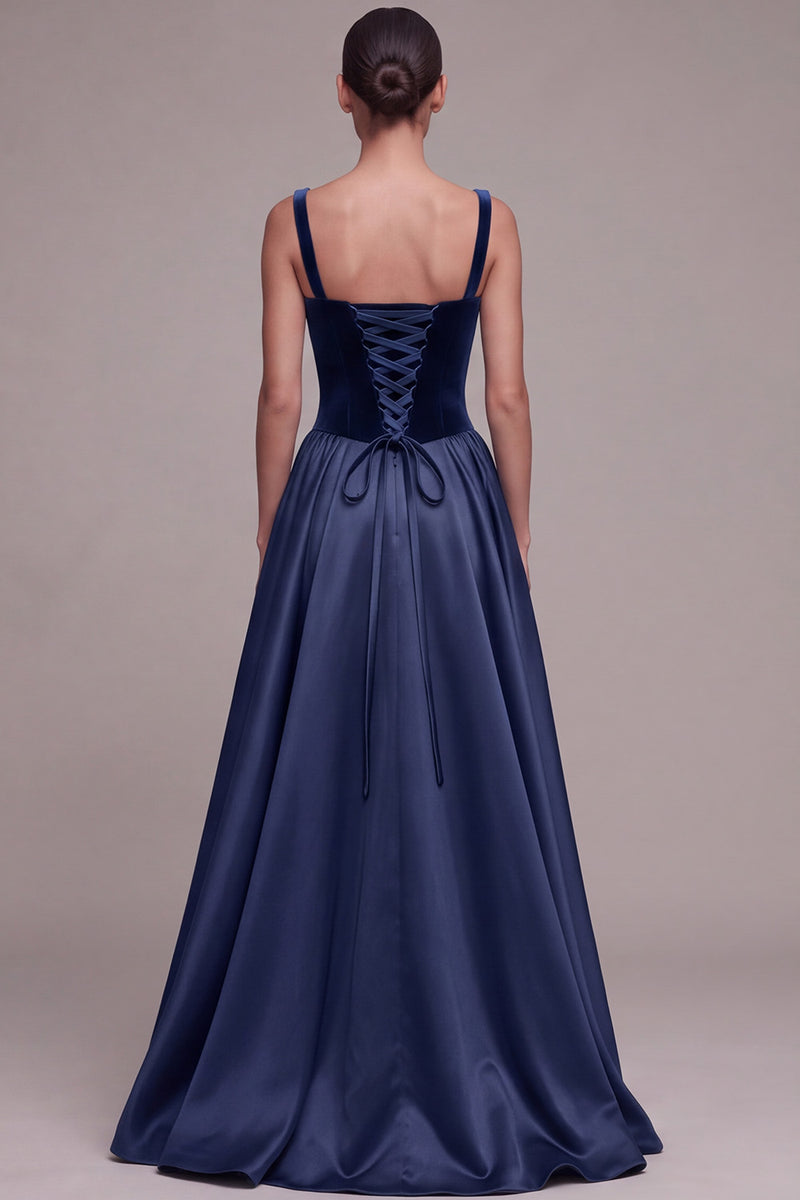 Laden Sie das Bild in den Galerie-Viewer, Pflaumenfarbenes A-Linie Quadrathals Satin Dicke Träger Maxi Samtkleid