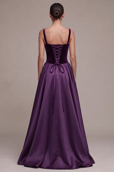 Pflaumenfarbenes A-Linie Quadrathals Satin Dicke Träger Maxi Samtkleid