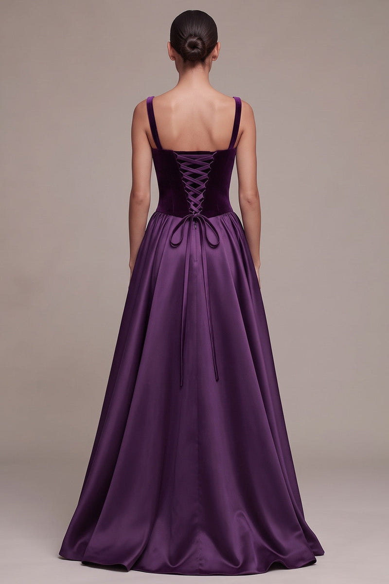 Laden Sie das Bild in den Galerie-Viewer, Pflaumenfarbenes A-Linie Quadrathals Satin Dicke Träger Maxi Samtkleid